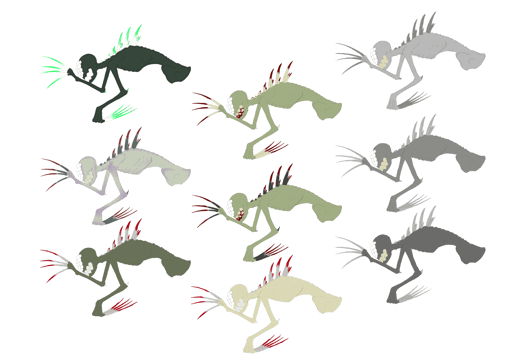 Konzeptzeichnungen mit Variationen eines Monsters in Farbe